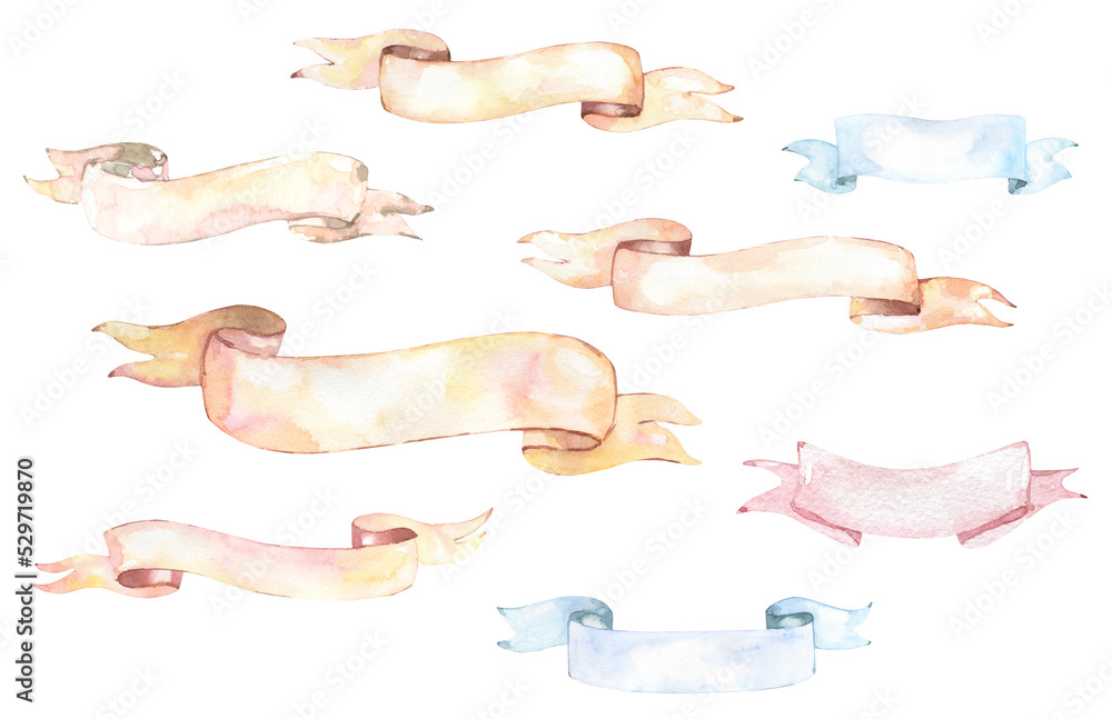 Watercolor hand painted ribbons illustrations set isolated. Pink,blue,peach, orange sign, banners for baby shower,greeting card, wedding,invitation card design, place for text	
