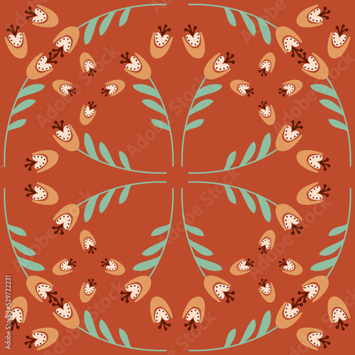 Bell flower pattern on rich orange background seamless pattern campanula flower blossom, vector illustration