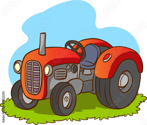 Red cartoon tractor isolated on white background. Heavy agricultural machinery for field work.