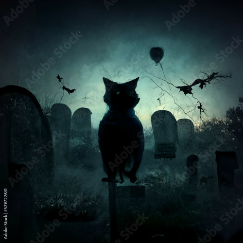 Cat walking through graveyard at Halloween. 