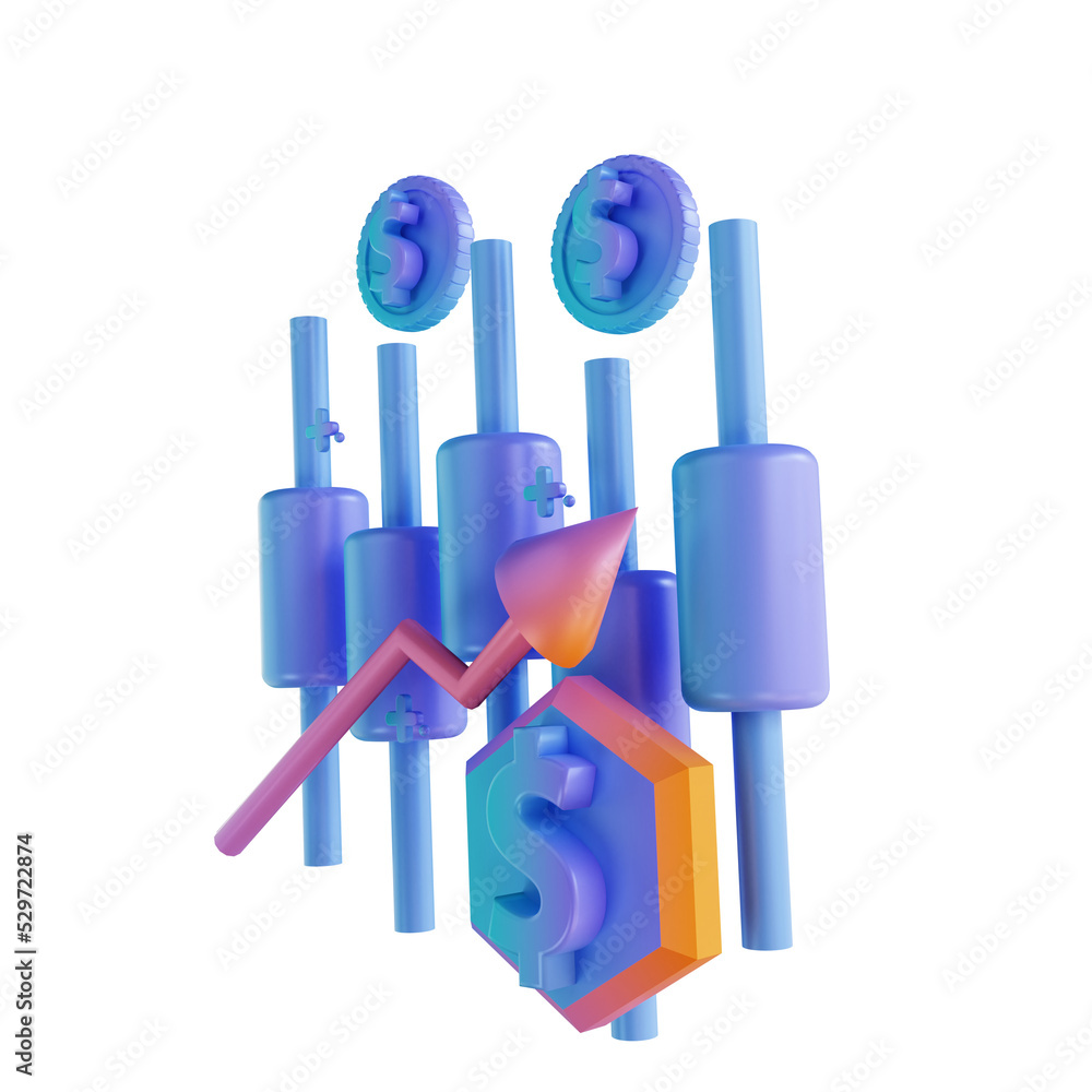 3D illustration colorful money rising candlestick chart 3D illustration colorful money rising candlestick chart