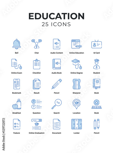 Education icons set. icons include search, translator, growth, lecture, study, tools, library, eBook, homework, with elements for mobile concepts and web apps.