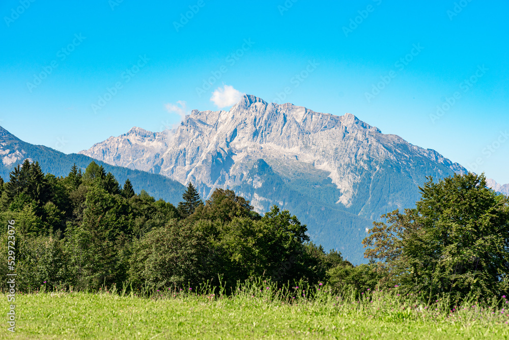 Panoramic view of the Berchtesgaden Alps with the Hochkalter Group, a massif with several summits and the Hochkalter with 2607m, as the highest peak 