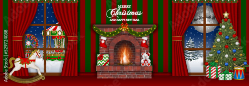 christmas banner. christmas interior with fireplace, toys and christmas tree.