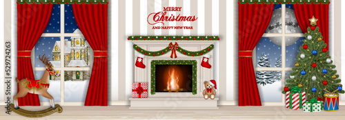 christmas banner. christmas interior with fireplace, toys and christmas tree.