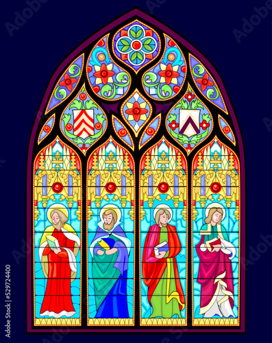 Beautiful colorful medieval stained glass window. Gothic architectural style. Holy Apostles with sacred writings. Architecture in France churches. Middle ages in Western Europe. Vector drawing.