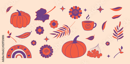 Autumn vector elements collection with pumpkins, cup, leaves, sunflowers, stars, rowan and flowers