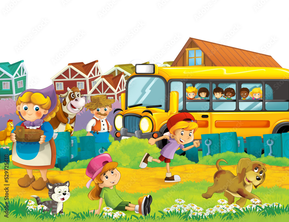 Naklejka premium cartoon scene with children on the farm having fun and school bus - illustration for children
