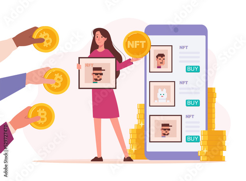 NFT Auction, sale of paintings for cryptocurrency. Girl art dealer sells artworks online. A smartphone with an application where you can buy NFT tokens. Hands of buyers who pay bitcoins. Vector flat.