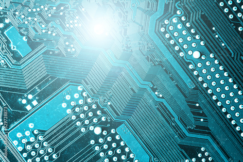 Circuit board background. Blue motherboard texture. Processor background. Computer industry pattern. Microchip closeup. Hardware modern style design.