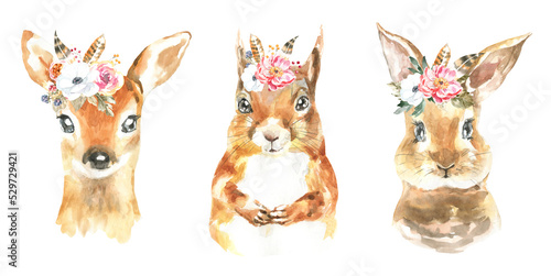 Watercolor woodland animal boho deer,squirrel, bunny fawn, cute animalillustration. Nursery woodland portrait. Bohemian boho animals for baby shower invitation, nursery decor, print, greeting card diy