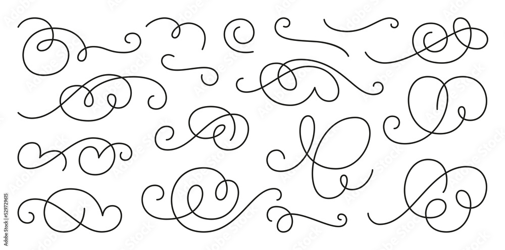 Calligraphic scroll element set, swirl ornament. Decorative curls, swirls flourishes, divider, swashes and filigree line ornaments for menu, certificate, diploma, wedding card, invatation