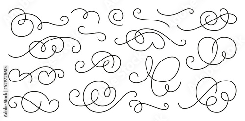 Calligraphic scroll element set, swirl ornament. Decorative curls, swirls flourishes, divider, swashes and filigree line ornaments for menu, certificate, diploma, wedding card, invatation