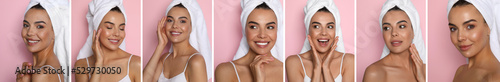 Collage with photos of beautiful young woman with towels on pink background. Banner design