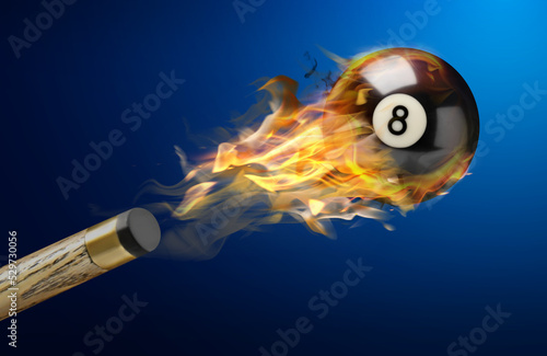 Cue and billiard ball with number 8 in fire flying on color background photo