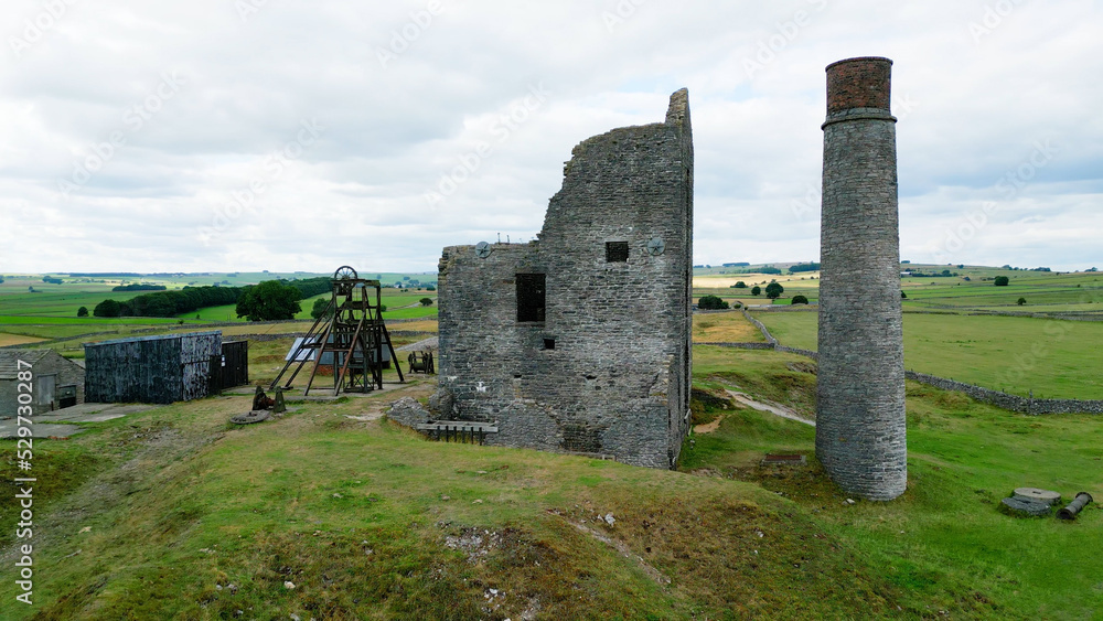 Ruins of Magpie Mine at the Peak District National Park - aerial view - drone photography