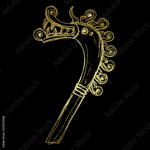 Head of fantastic dragon or griffin with long neck and spiral mane. Viking drakkar. Norse mythology. 
Hand drawn linear doodle rough sketch. Golden silhouette on black background.