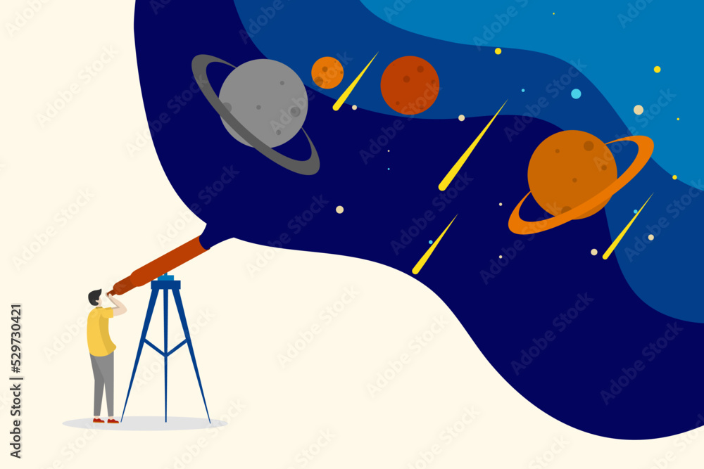 Humans study galaxies through telescopes. watch meteors and star constellations. Flat vector illustration for horoscope, astronomy, discovery, astrology concept Humans study galaxies through telescopes. watch meteors and star constellations. Flat vector illustration for horoscope, astronomy, discovery, astrology concept