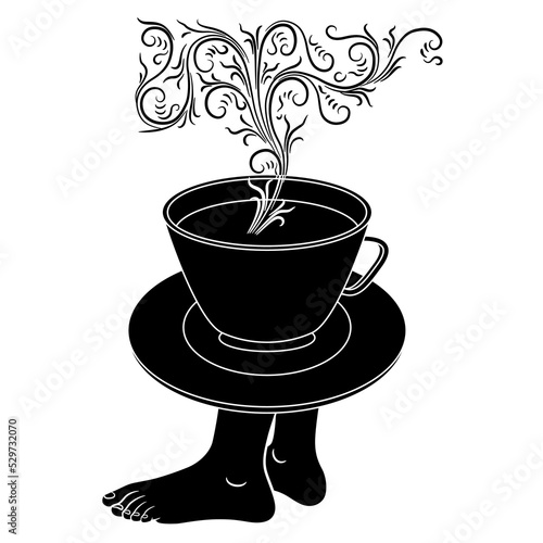 Steaming cup of tea or coffee standing on human feet. Creative funny beverage concept. Black and white silhouette.