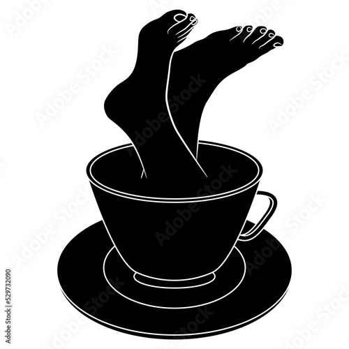 Two bare human feet sticking out from a cup of tea or coffee. Creative funny beverage concept. Drowned in drink. Black and white silhouette.