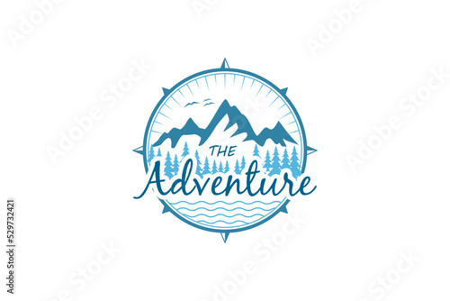 Rocky mountain logo adventure park outdoor emblem badge compass windrose illustration