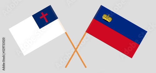 Crossed flags of christianity and Liechtenstein. Official colors. Correct proportion