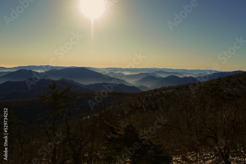 Stunning sunrise view on Baekdudaegan mountain peaks in South Korea.  
