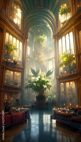 Fotografiet interior of a glass-palace decorated with magical plant Digital Art Illustration