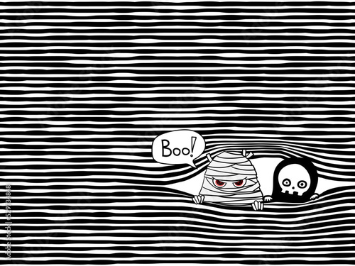 simple hand drawing black bold horizontal lines with peeking cartoon seamless pattern; ghost and mummy halloween theme for background, texture, wallpaper, banner, label etc. vector design