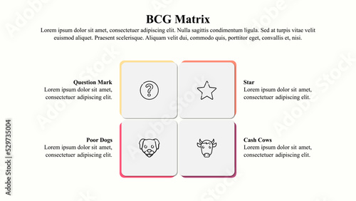 Infographic presentation template of BCG matrix with icons and copy space. photo