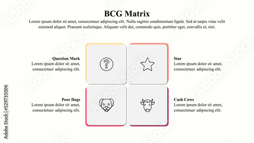 Infographic presentation template of BCG matrix with icons and copy space.