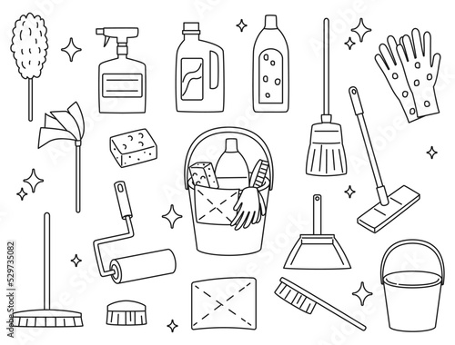 掃除道具のイラストセット 線画バージョン