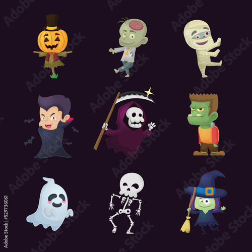 Halloween characters cartoon hand drawn style
