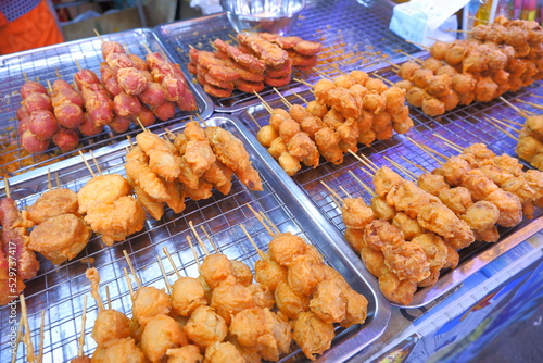 street food in thailand Breaded meatballs on skewers