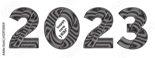 Happy New Year 2023 text design. Cover of business diary for 2023 with wishes. Brochure design template, card, banner. Vector illustration. Isolated on white background.