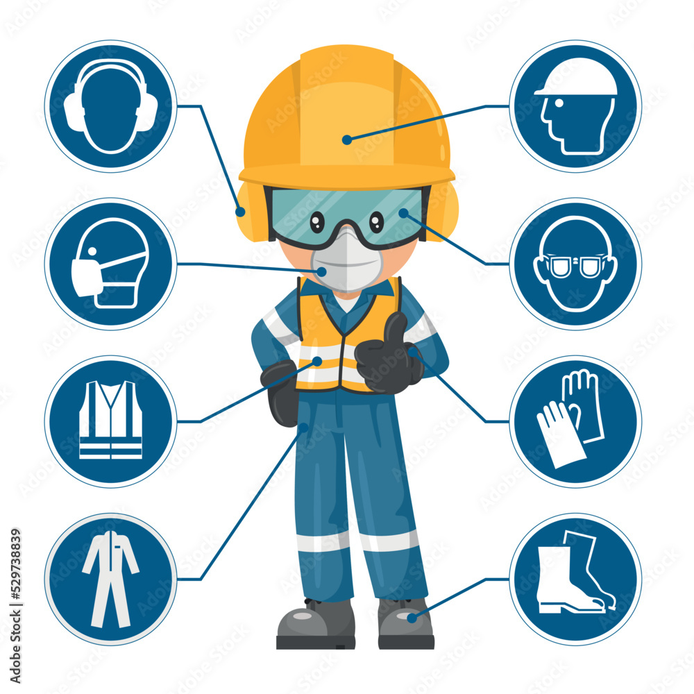 Vetor de Industrial worker with personal protective equipment and icons