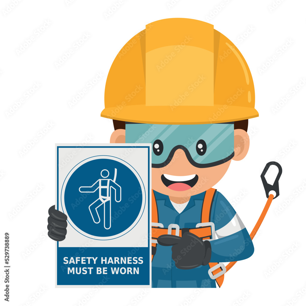 Industrial worker with safety harness mandatory use warning sign. Safety harness must be worn. Industrial safety and occupational health at work Industrial worker with safety harness mandatory use warning sign. Safety harness must be worn. Industrial safety and occupational health at work