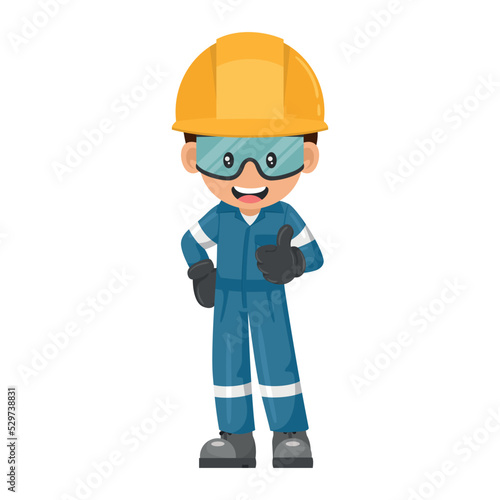 Industrial worker in blue industrial overalls with thumb up. Engineer with his personal protective equipment. Industrial safety and occupational health at work