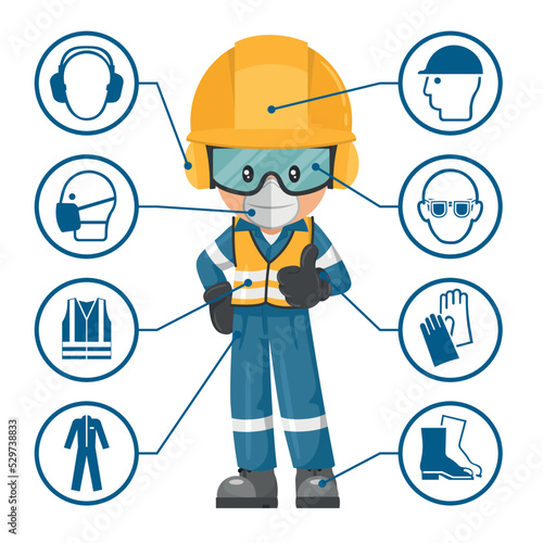 Industrial worker with personal protective equipment and icons, safety pictograms. Industrial safety and occupational health at work