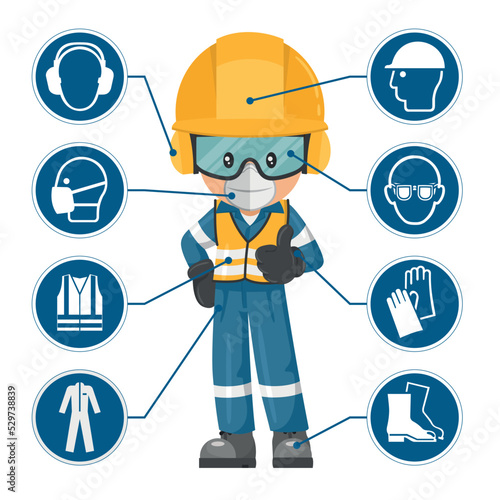 Industrial worker with personal protective equipment and icons, safety pictograms. Industrial safety and occupational health at work