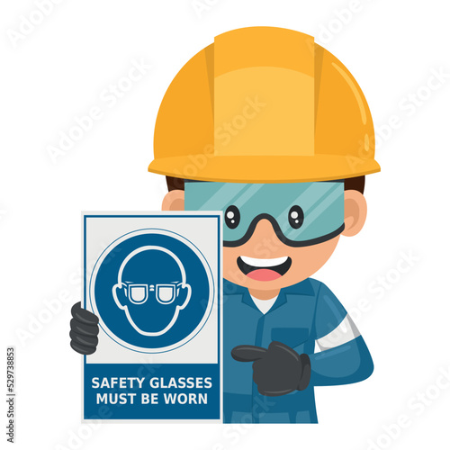 Industrial worker with warning sign of mandatory use of safety glasses. Safety glasses must be worn. Industrial safety and occupational health at work