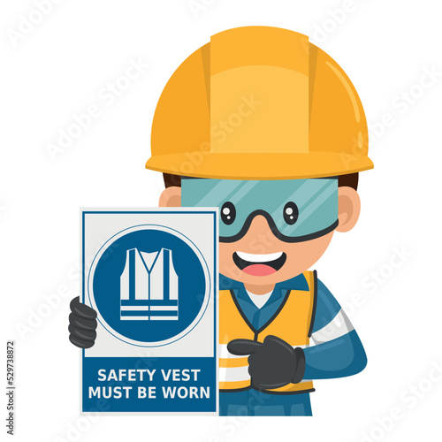 Industrial worker with warning sign of mandatory use of safety vest. Safety vest must be worn. Industrial safety and occupational health at work
