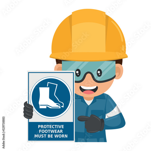 Industrial worker with warning sign of mandatory use of safety boots. Protective footwear must be worn. Industrial safety and occupational health at work