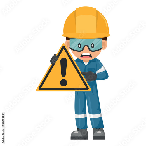 Industrial worker with danger sign warning. Caution pictogram and icon. Worker with personal protective equipment. Industrial safety and occupational health at work