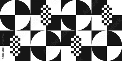 Checkered black and white surface of circles and small checkers. Abstract geometric checkered surface.