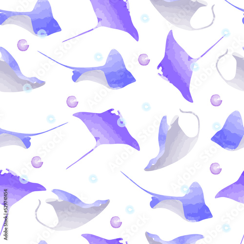 Seamless pattern of blue watercolor stingray flat vector design for sea or ocean background. Can be used for digital printing.