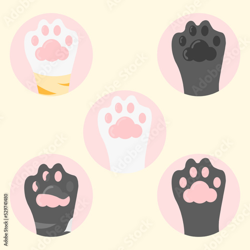 Multicolor cat paws toe beans isolated set elements flat design illustration. Can be used for stickers or icons.