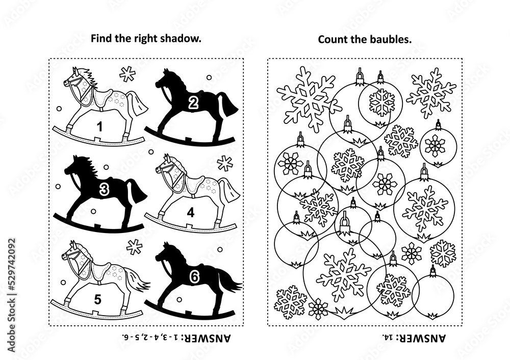 Two visual puzzles and coloring page for kids. Find the shadow for each