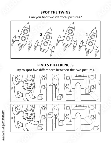 Activity sheet for kids with two visual puzzles  also can be used as coloring page  printable  fit Letter or A4 paper. 