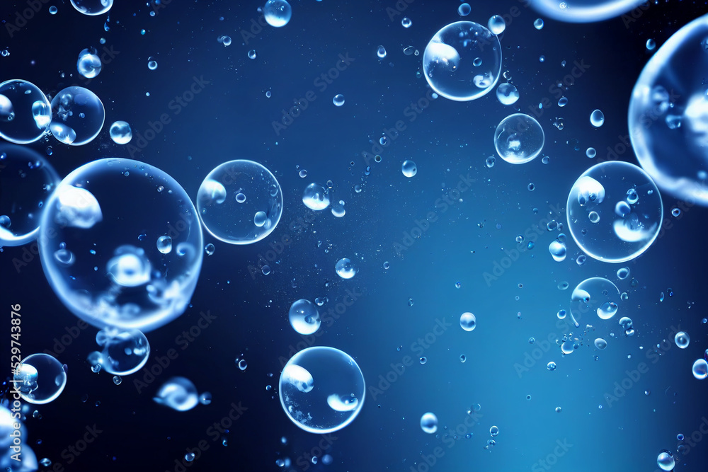 Blue glossy water bubble in underwater background. Nature and abstract concept.